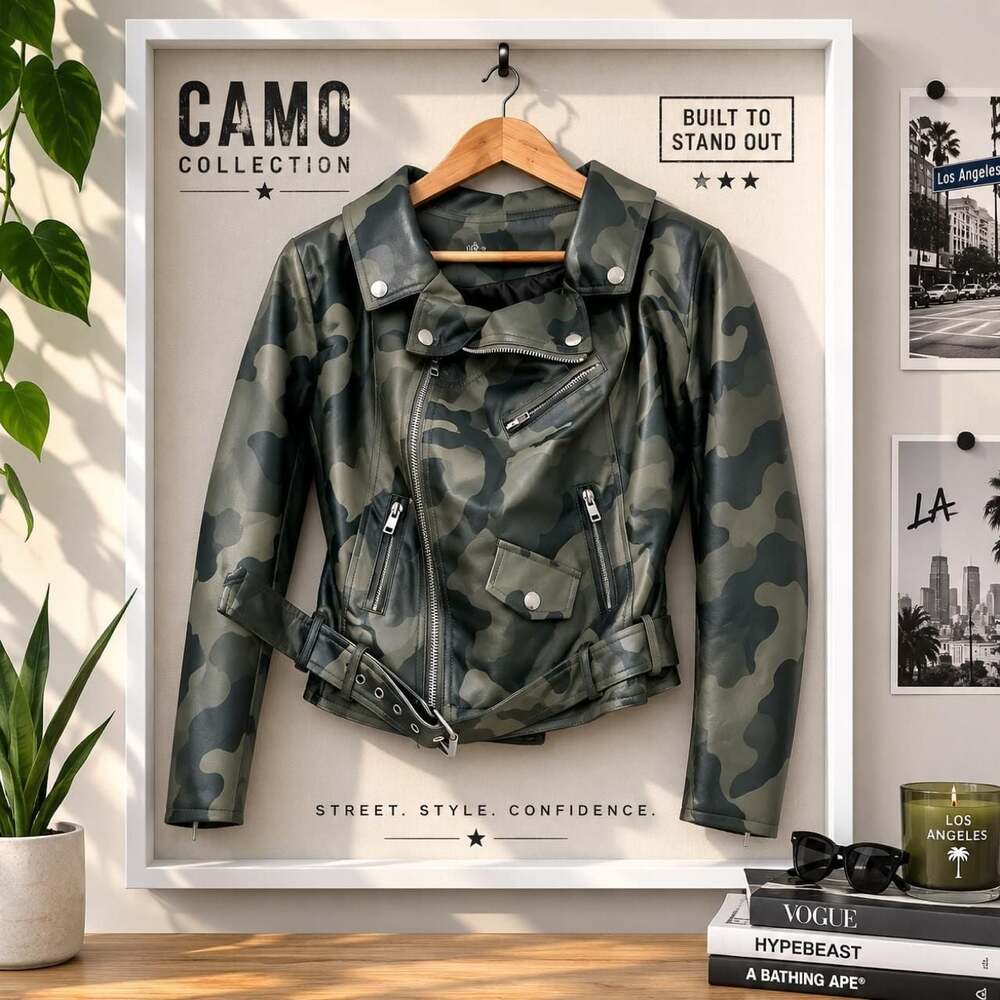 DENIM 4 US Green Camo Faux Leather Biker Jacket
